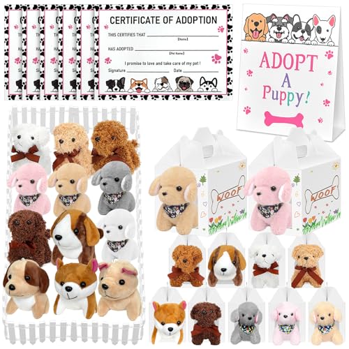 Jiytivity 38 Pcs Adopt A Puppy Favors Include 12 Foldable Puppy Boxes 12 472 inch Mini Dog Stuffed 12 Adopt Cards 1 Adopt Sign1 Fence for Adopt A Dog Party Favors Dog Party Supplies Gifts - Image 1