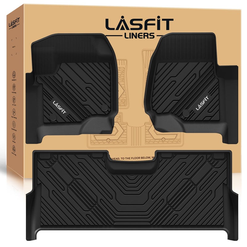 LASFIT Floor Mats for Ford F250 F350 F450 2017-2026 Crew Cab Front Bucket Seat | Rear W/Fold-Flat Storage All Weather Carpet Floor Super Duty Protector TPE Car Floor Liner, 1st & 2nd Row, 3pcs Black - Image 1