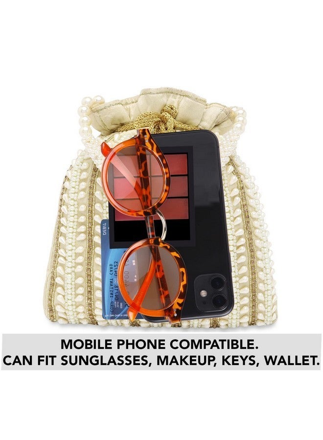 Peora Cream Potli Bags for Women Girls Evening Bag Clutch Ethnic Bride Purse with Drawstring - Image 2