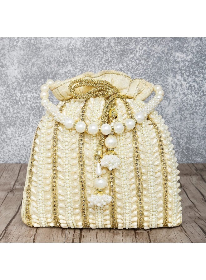 Peora Cream Potli Bags for Women Girls Evening Bag Clutch Ethnic Bride Purse with Drawstring - Image 4