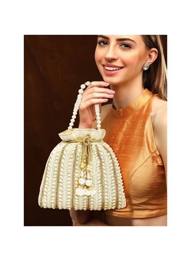 Peora Cream Potli Bags for Women Girls Evening Bag Clutch Ethnic Bride Purse with Drawstring - Image 5