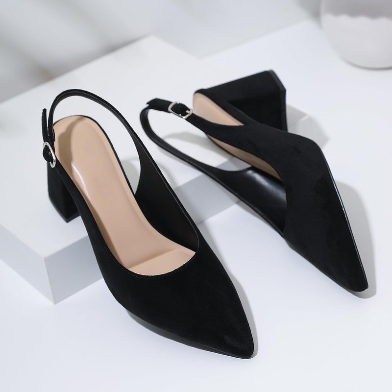 Mostrin Black Suede Block Slingback Heels for Women Pointed Closed Toe Chunky Heels Office Work Shoes Women's Pumps for Business Casual - Image 3