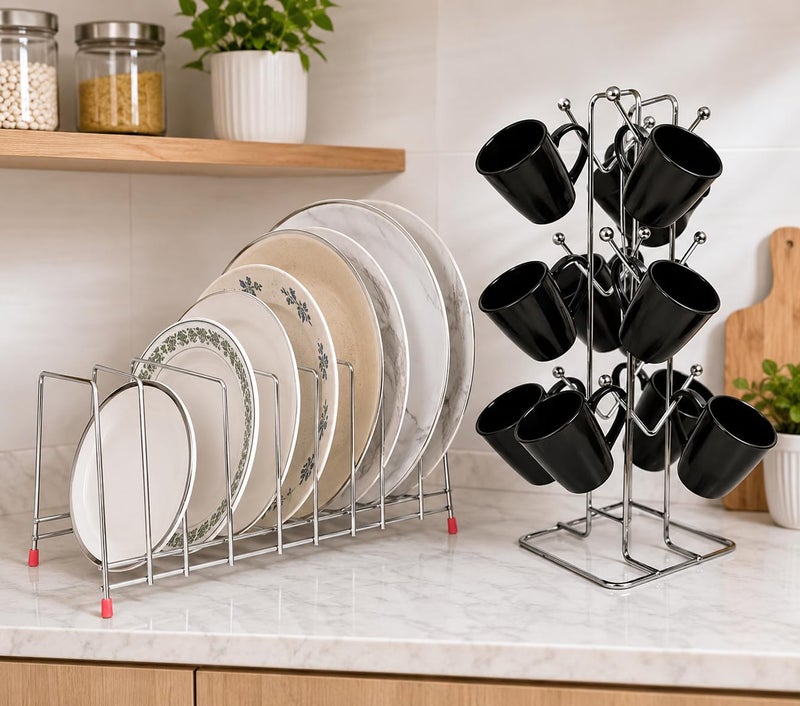 Zepdos Stainless Steel Square organiser for Kitchen with Cup holder, Thali Rack, Dish Rack, Thali rack for Kitchen, Dish Stand with Lid Holder, 9 Plate Stand (Pack of 2) - Image 2