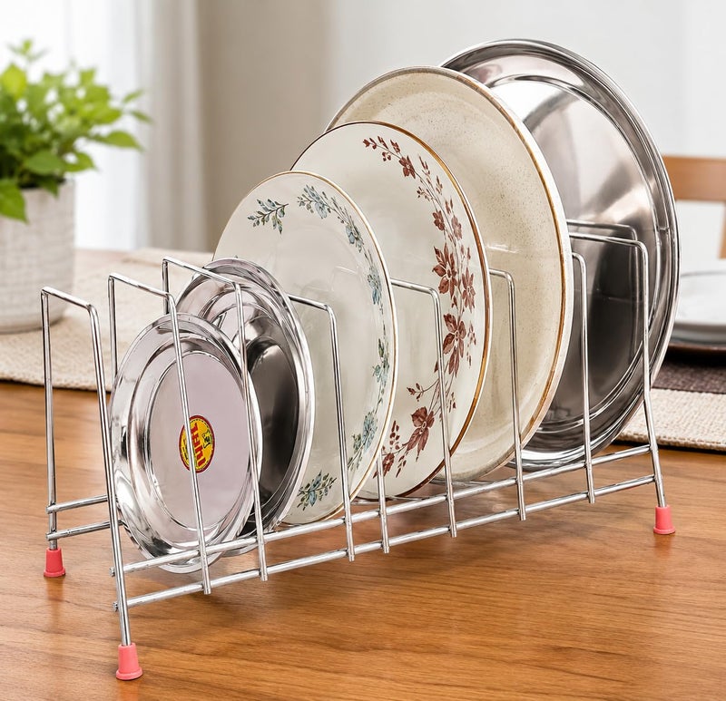 Zepdos Stainless Steel Square organiser for Kitchen with Cup holder, Thali Rack, Dish Rack, Thali rack for Kitchen, Dish Stand with Lid Holder, 9 Plate Stand (Pack of 2) - Image 4