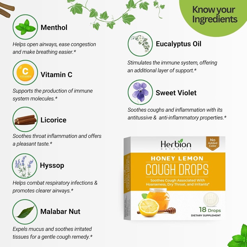 HERBION Naturals Cough Drops Dietary Supplement Soothes Cough for Adults and Children Over 6 Years No Artificial Flavor No Added Color 18 Count Pack of 1 Honey Lemon - Image 2