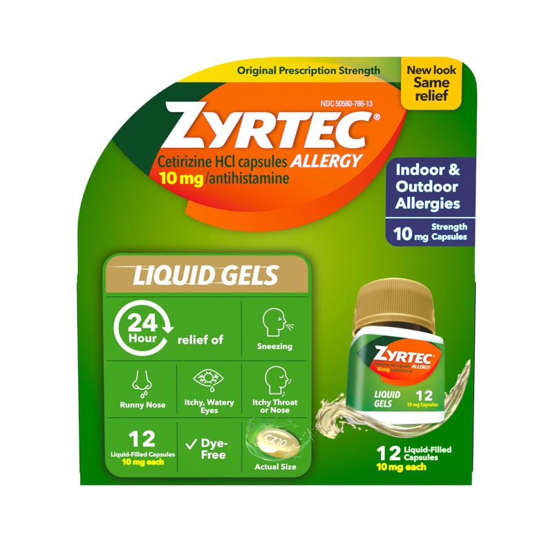 Zyrtec 24 Hour Allergy Relief Liquid Gels, Antihistamine Capsules with Cetirizine HCl Allergy Medicine for All-Day Relief from Runny Nose, Sneezing, Itchy Eyes & More, 12 Count - Image 1