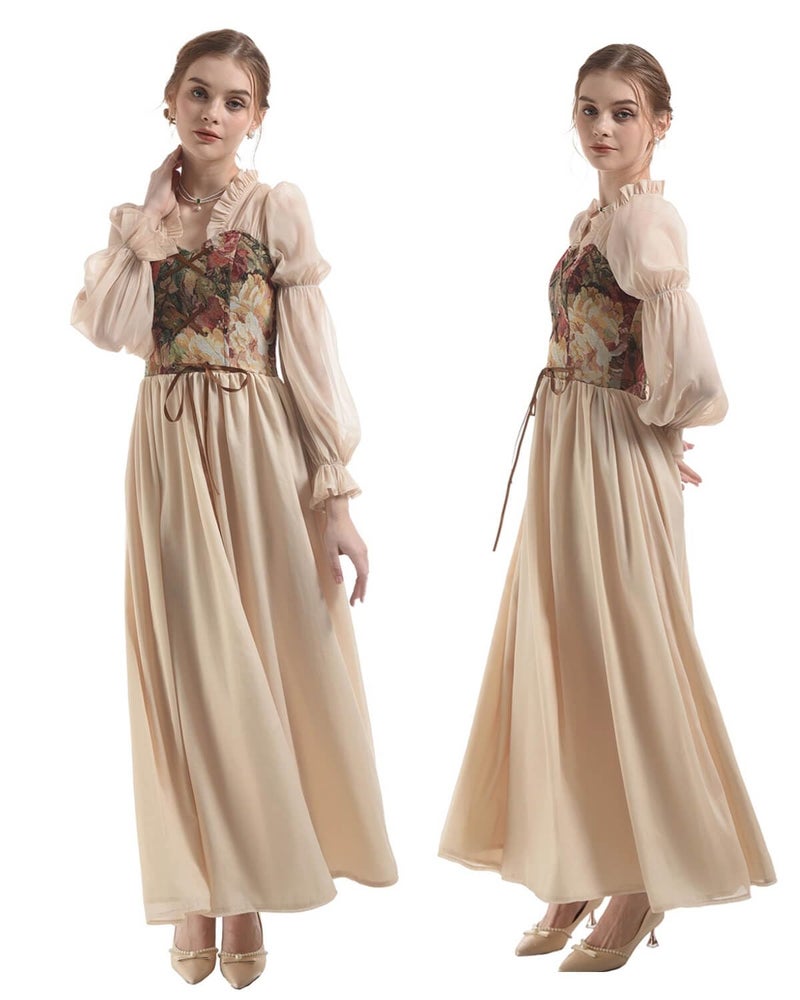 Nuoqi Victorian Dress for Women Renaissance Costumes 1800s Medieval Corset Dress Beige XL - Image 2