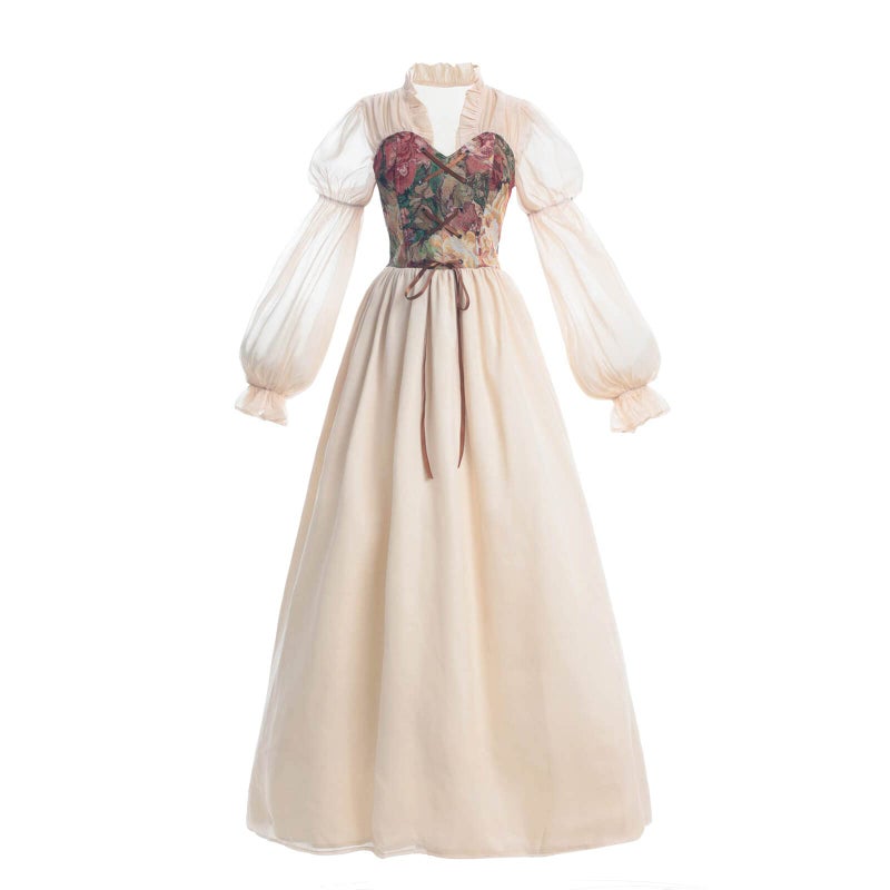 Nuoqi Victorian Dress for Women Renaissance Costumes 1800s Medieval Corset Dress Beige XL - Image 1