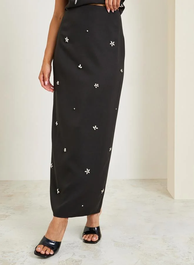 Styli Scuba straight fit maxi length skirt with back slit and embellished trims with matching top 7026560901