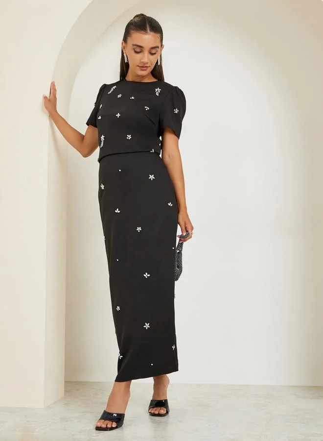 Scuba straight fit maxi length skirt with back slit and embellished trims with matching top 7026560901