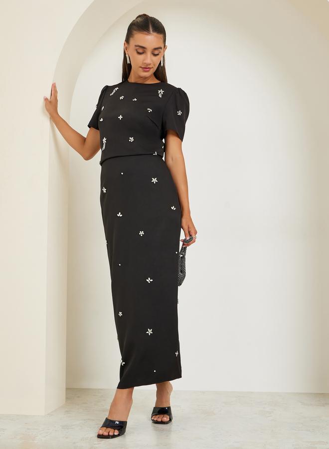 Styli Scuba straight fit maxi length skirt with back slit and embellished trims with matching top 7026560901 - Image 1