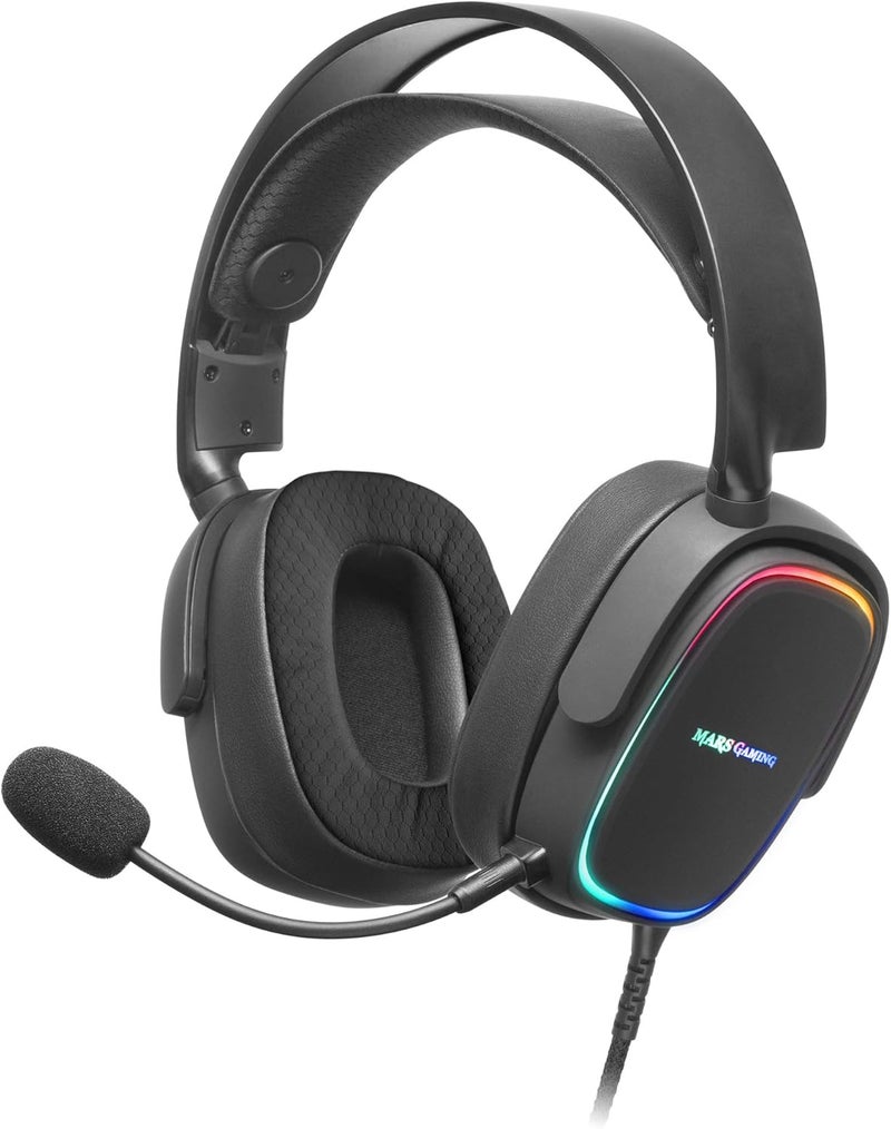 مارس_جيمنج مارس جيمينغ MHAX أسود، سماعة رأس جيمينغ RGB، ميكروفون قابل للفصل، HiFi، توافق عبر المنصات - Image 1