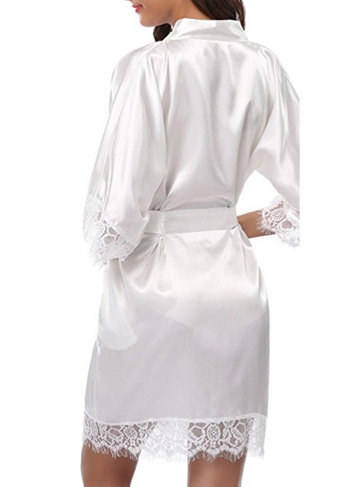 MARGOUN Belted Satin Robe Womens Sleepwear Kimono Lace Sleeve Nightgown White - Image 3