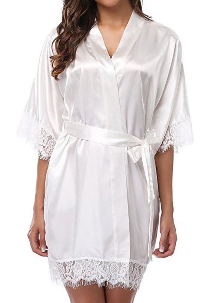 MARGOUN Belted Satin Robe Womens Sleepwear Kimono Lace Sleeve Nightgown White - Image 4