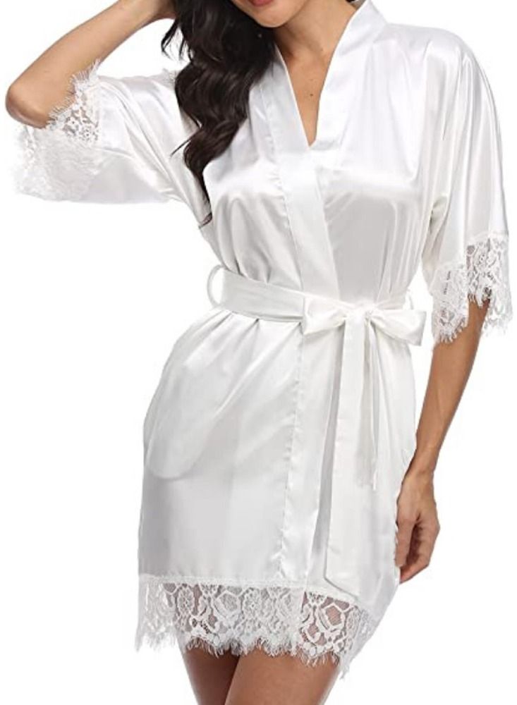 MARGOUN Belted Satin Robe Womens Sleepwear Kimono Lace Sleeve Nightgown White - Image 1