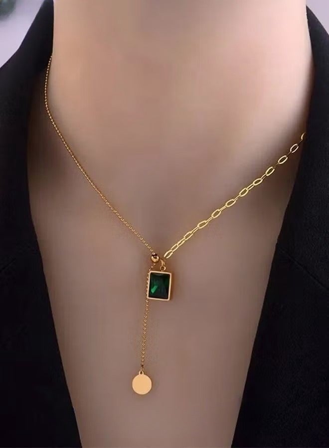 Retro Emeralds Clavicle Chain Necklace Casual Adjustable Ins Style Minimalist Gemstone Pendant Jewelry Titanium Steel Gift for Female Women Ladies Gold/Green - Image 1