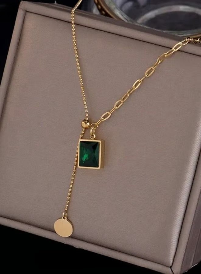 Retro Emeralds Clavicle Chain Necklace Casual Adjustable Ins Style Minimalist Gemstone Pendant Jewelry Titanium Steel Gift for Female Women Ladies Gold/Green - Image 3