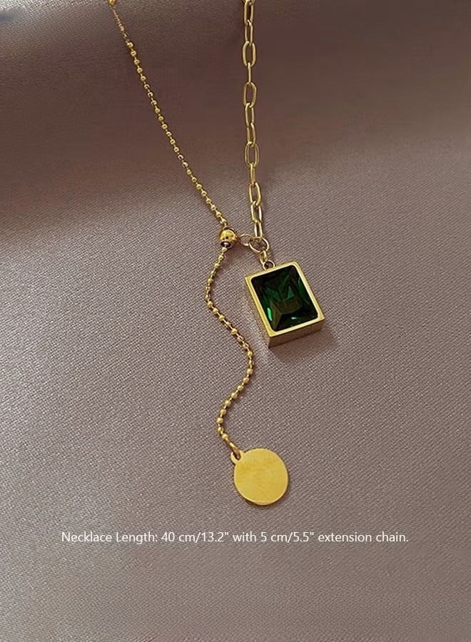 Retro Emeralds Clavicle Chain Necklace Casual Adjustable Ins Style Minimalist Gemstone Pendant Jewelry Titanium Steel Gift for Female Women Ladies Gold/Green - Image 2