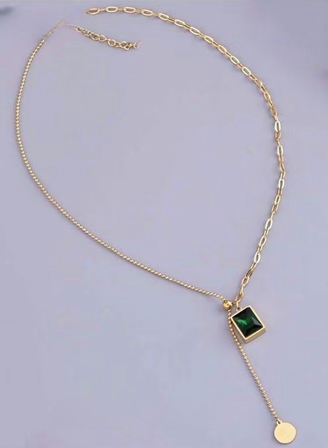 Retro Emeralds Clavicle Chain Necklace Casual Adjustable Ins Style Minimalist Gemstone Pendant Jewelry Titanium Steel Gift for Female Women Ladies Gold/Green - Image 5