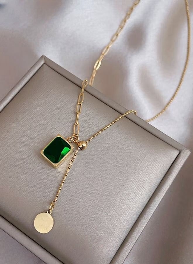Retro Emeralds Clavicle Chain Necklace Casual Adjustable Ins Style Minimalist Gemstone Pendant Jewelry Titanium Steel Gift for Female Women Ladies Gold/Green - Image 4