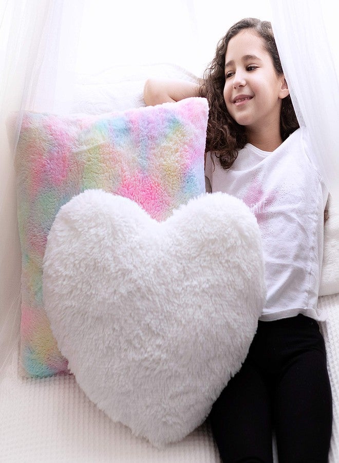 Perfectto Design مجموعة PERFECTTO من 2 وسائد زخرفية للفتيات. وسادة قلب بيضاء رقيقة ووسادة قوس قزح ناعمة. وسائد فخمة لتزيين غرفة نوم الأطفال، غرفة الأميرة، ممتعة ومريحة لخيمة اللعب. - Image 1