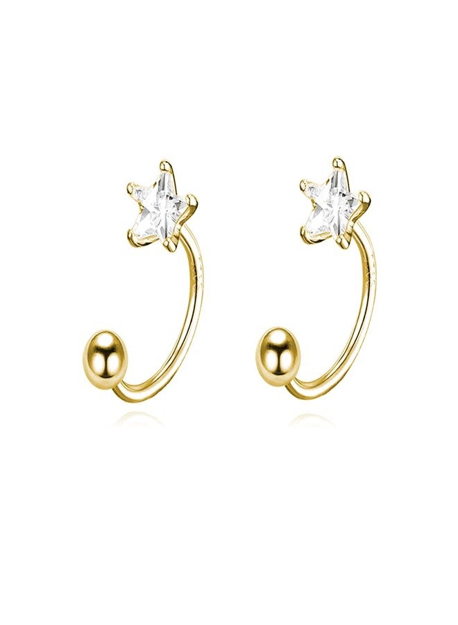 Reffeer Solid 925 Sterling Silver Star Half Hoop Earrings Open Huggie Hoops for Women Teen Girls CZ Star Hoop Earrings Ball Cuffs (B-18K Gold) - Image 1