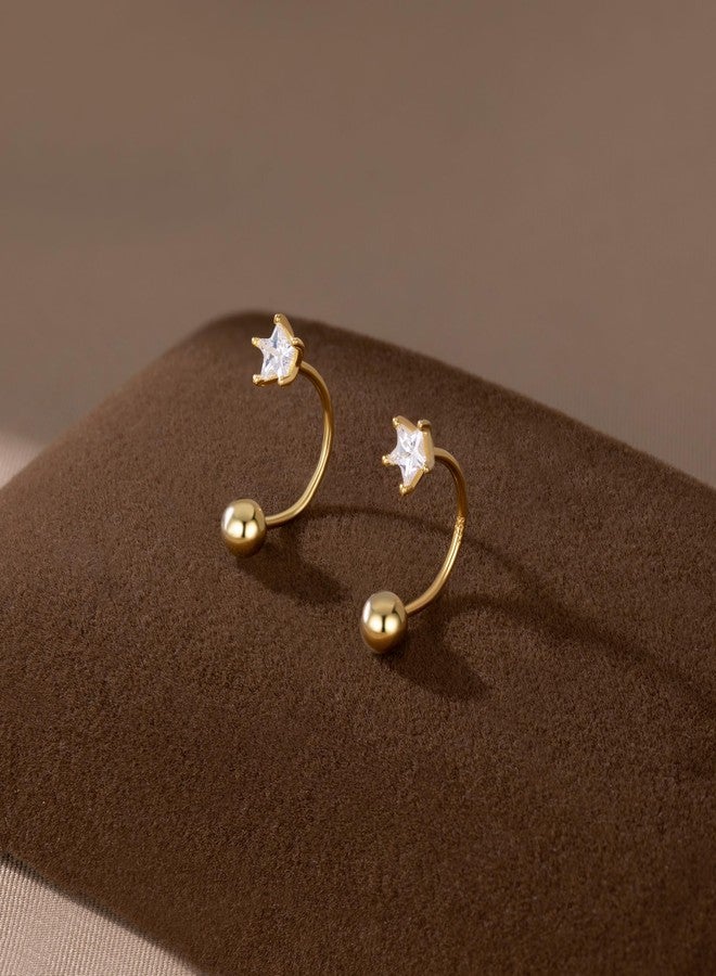 Reffeer Solid 925 Sterling Silver Star Half Hoop Earrings Open Huggie Hoops for Women Teen Girls CZ Star Hoop Earrings Ball Cuffs (B-18K Gold) - Image 3