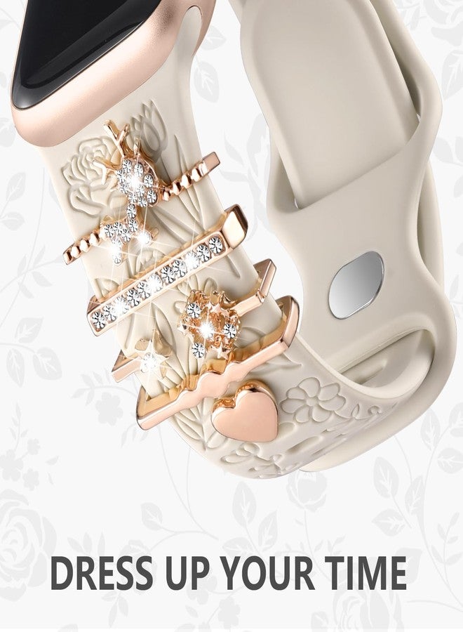 DaQin Flower Engraved Band Compatible with Apple Watch Bands for Women 40mm 38mm 41mm 42mm, Soft Silicone Band With Decorative Apple Watch Charms for iWatch Series 10 9 8 7 6 5 4 3 2 1 SE (With Band) - Image 3