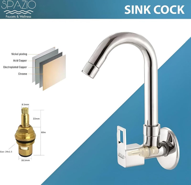 SPAZIO صنبور حوض سبازيو مربع الشكل مع فوهة دوارة بزاوية 360 درجة من الفولاذ المقاوم للصدأ لصنبور الماء الساخن والبارد مع قاعدة جدارية، نوع التركيب على الحائط - Image 3