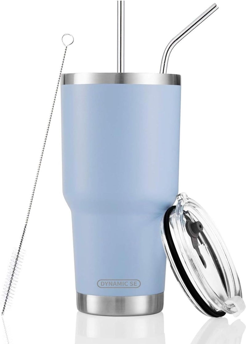 DS 30oz Blue Tumbler Stainless Steel Double Wall Vacuum Insulated Mug with Straw and Lid, Cleaning Brush for Cold and Hot Beverages - Image 1
