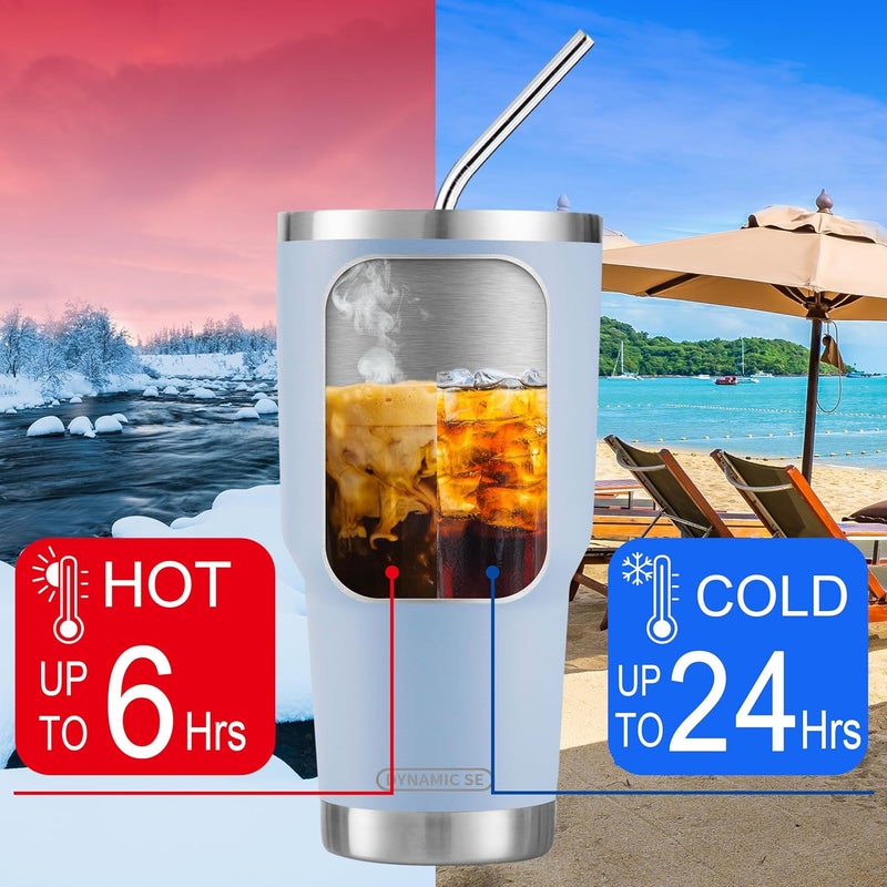 DS 30oz Blue Tumbler Stainless Steel Double Wall Vacuum Insulated Mug with Straw and Lid, Cleaning Brush for Cold and Hot Beverages - Image 4