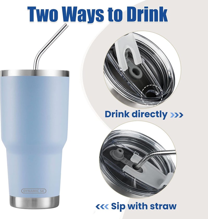 DS 30oz Blue Tumbler Stainless Steel Double Wall Vacuum Insulated Mug with Straw and Lid, Cleaning Brush for Cold and Hot Beverages - Image 3