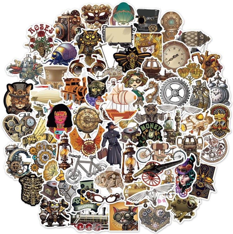 QTL Stickers 75pcs Steampunk Stickers for Adults Steampunk Stickers for Laptop Steampunk Stickers for Water Bottle Waterproof Stickers - Image 1