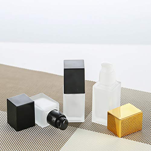 USRommaner 4 Pack,0.5 oz/15ml Frosted Glass Essence Lotion Pump Bottle,Empty Square Cosmetic Container Travel Liquid Foundation Base Dispenser Vials with Pressure Pump Head and Lid - Image 5