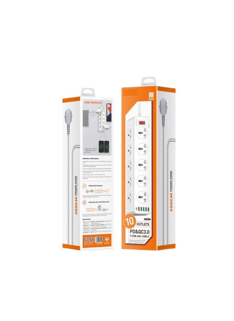 Generic SC10610 2500W 10 SOCKETS with 5 USB Ports and 1 TYPE-C PD PORT, DESKTOP EXTENSION HOME CHARGER with 2M EU POWER CORD  - Image 3