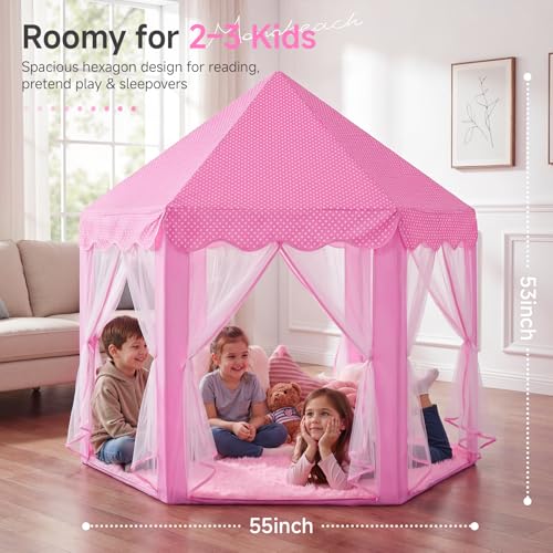 Monobeach Princess Tent Girls Large Playhouse Kids Castle Play Tent with Star Lights Toy for Children Indoor and Outdoor Games 55 x 53 DxH Pink Princess with Play Mat - Image 5