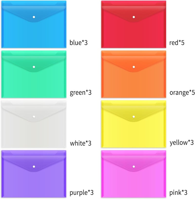 EOOUT Poly Envelope Folder - 28pcs 8-Color Clear Plastic Envelope with Snap Button Closure - A4 Size - Image 3