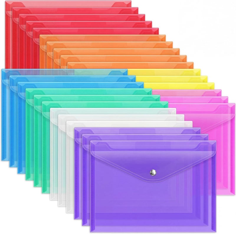 EOOUT Poly Envelope Folder - 28pcs 8-Color Clear Plastic Envelope with Snap Button Closure - A4 Size - Image 1