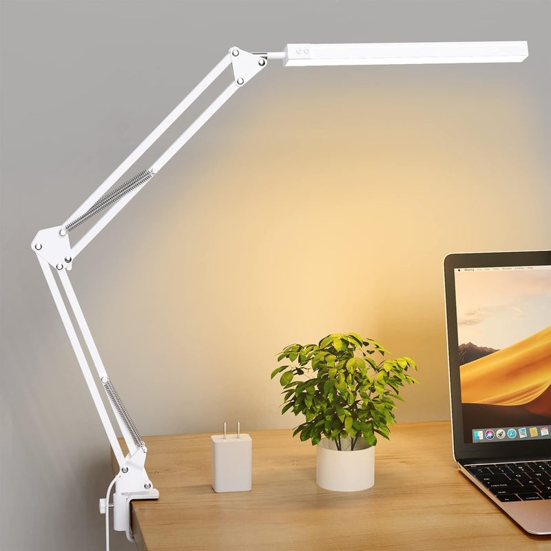 TROPICALTREE Store LED Desk Lamp for Home Office, Clamp-On with 3 Light Modes | 14W Adjustable Brightness 5000K Eye-Caring Lighting for Study/Bedroom/Computer Desk (White) - Image 1