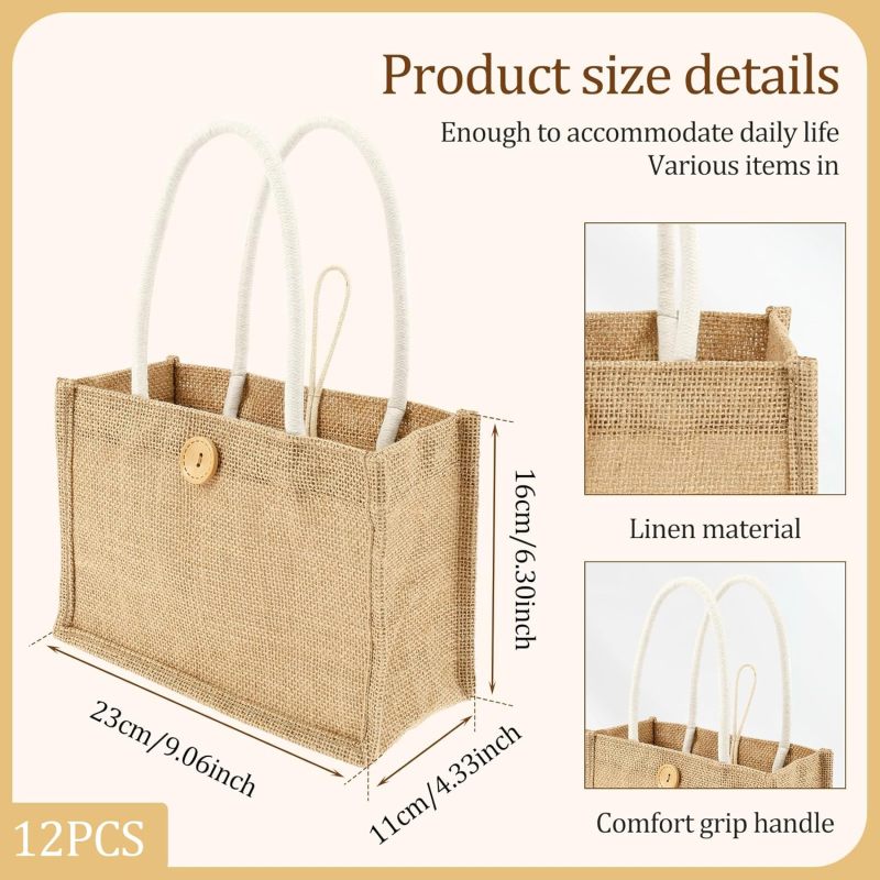 Jute Bag 23*16*11cm Waterproof Reusable Tote Bag - Spacious 12-Piece Brown Woven Bag for Beach Grocery Everyday Use - Image 3