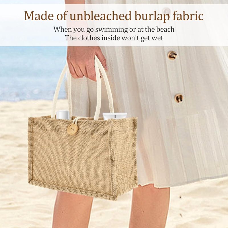Jute Bag 23*16*11cm Waterproof Reusable Tote Bag - Spacious 12-Piece Brown Woven Bag for Beach Grocery Everyday Use - Image 4