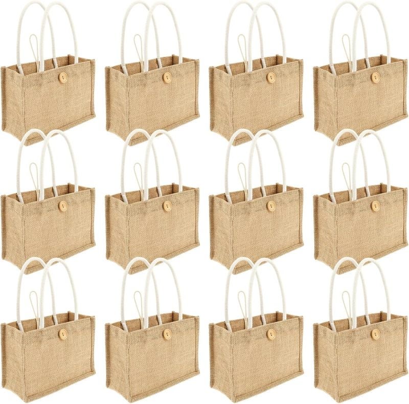 Jute Bag 23*16*11cm Waterproof Reusable Tote Bag - Spacious 12-Piece Brown Woven Bag for Beach Grocery Everyday Use - Image 2