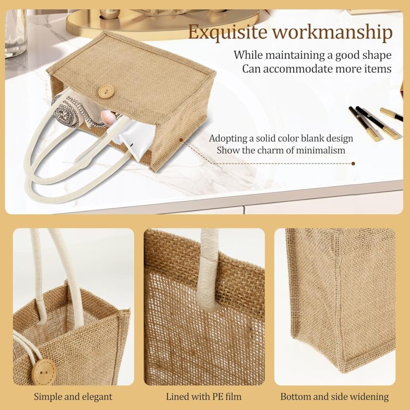 Jute Bag 23*16*11cm Waterproof Reusable Tote Bag - Spacious 12-Piece Brown Woven Bag for Beach Grocery Everyday Use - Image 5