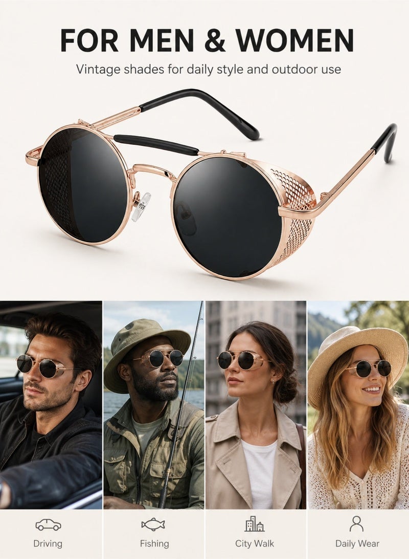PEI  AN Steampunk Polarized Sunglasses for Men Women with UV400 Protection, TR90 Frame Round Side Shield Sunglasses with Spring Hinges, Vintage Driving Fishing Shades - Image 4