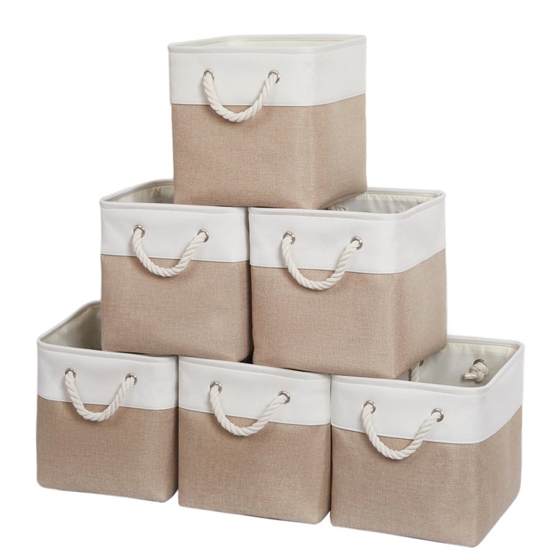 ISEMINGLA 11 x 11 Inch Storage Cubes 6 Pack Large Collapsible Fabric Storage Bin with Ropes Foldable Storage Cubes for Home OfficeCloset Clothes Toys Organizer WhiteBeige
