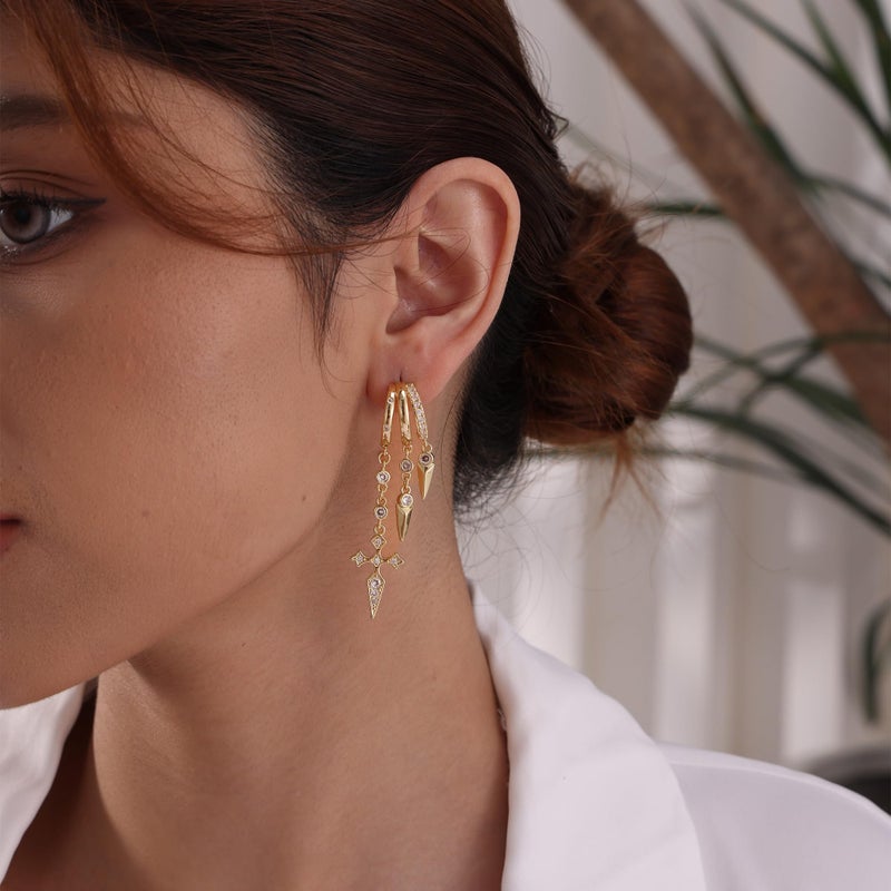 Robaice Dangle Earrings for Women,14k Gold Plated Triple Huggie Stud Earrings Dainty Drop Earrings for Women Trendy Gold Statement CZ Cross Chain Earrings Non Tarnish Jewelry - Image 2