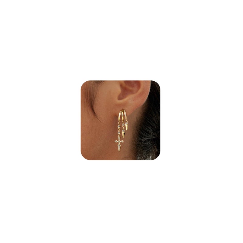 Robaice Dangle Earrings for Women,14k Gold Plated Triple Huggie Stud Earrings Dainty Drop Earrings for Women Trendy Gold Statement CZ Cross Chain Earrings Non Tarnish Jewelry - Image 1