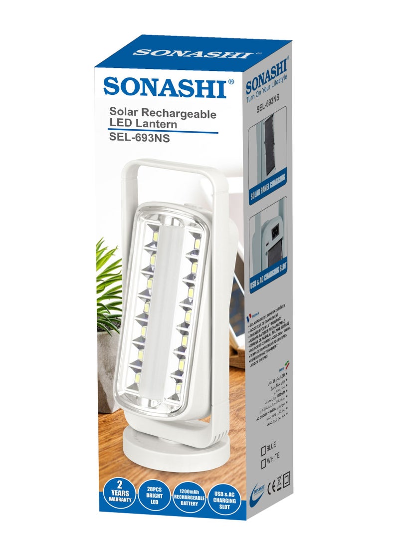 Solar Rechargeable LED Lantern with BuiltIn Solar Panel for Charging  Rechargeable Appliance with Charging Indicator  Up to 3 Hours Working Time  Best for Indoors and Hiking SEL-693 White