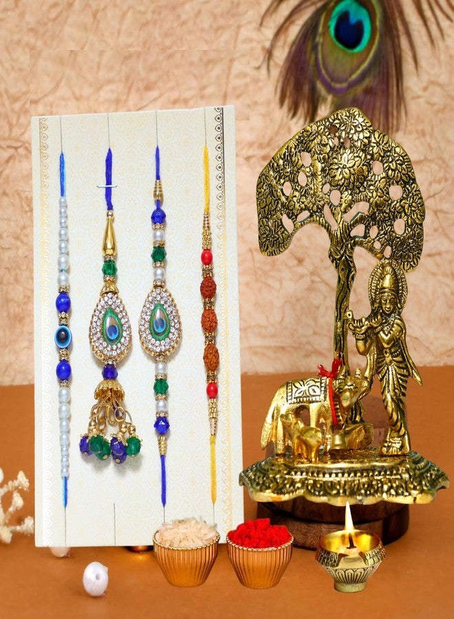 CHHARIYA CRAFTS مجموعة كريشنا المعدنية مع ديا أيدول (1 قطعة عرض كريشنا مورتي، 1 ديا، حزمة تشاوال رولي، 1 لومبا راخي لبهابي، 3 راخي مصمم لأخ بهايا) - Image 1