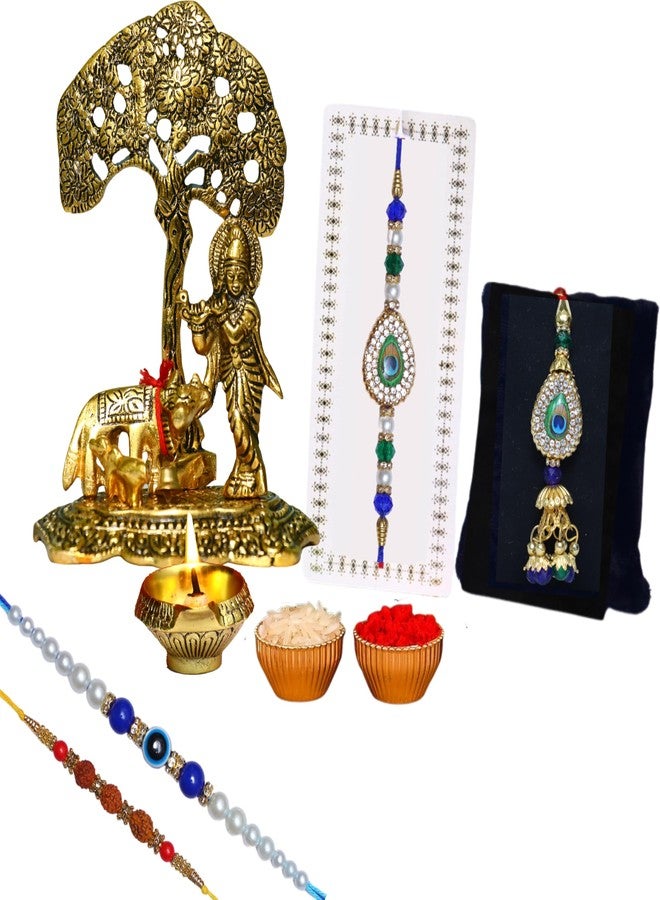 CHHARIYA CRAFTS مجموعة كريشنا المعدنية مع ديا أيدول (1 قطعة عرض كريشنا مورتي، 1 ديا، حزمة تشاوال رولي، 1 لومبا راخي لبهابي، 3 راخي مصمم لأخ بهايا) - Image 2